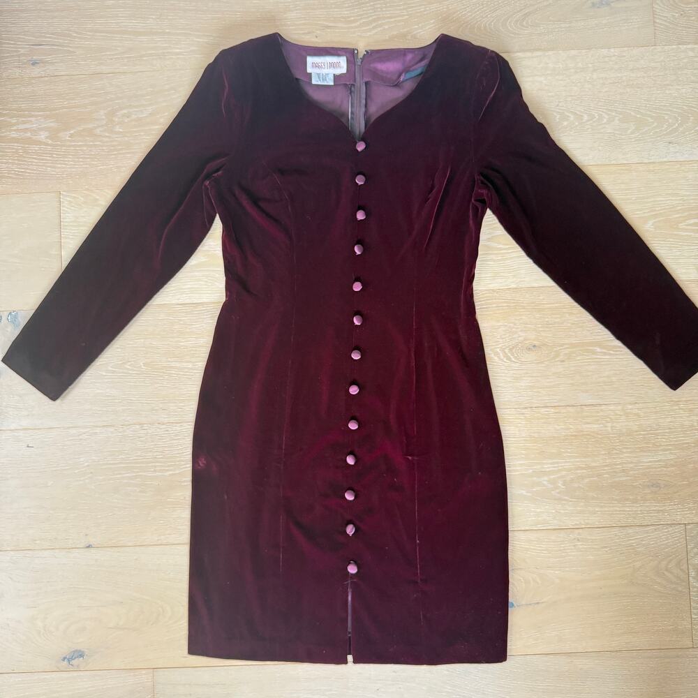 Vintage 90s Maggy London Burgundy Velvet Button Front Dress Sz 6